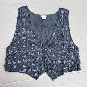 Vintage Tina Beaded Sequin Vest Black 100% Silk